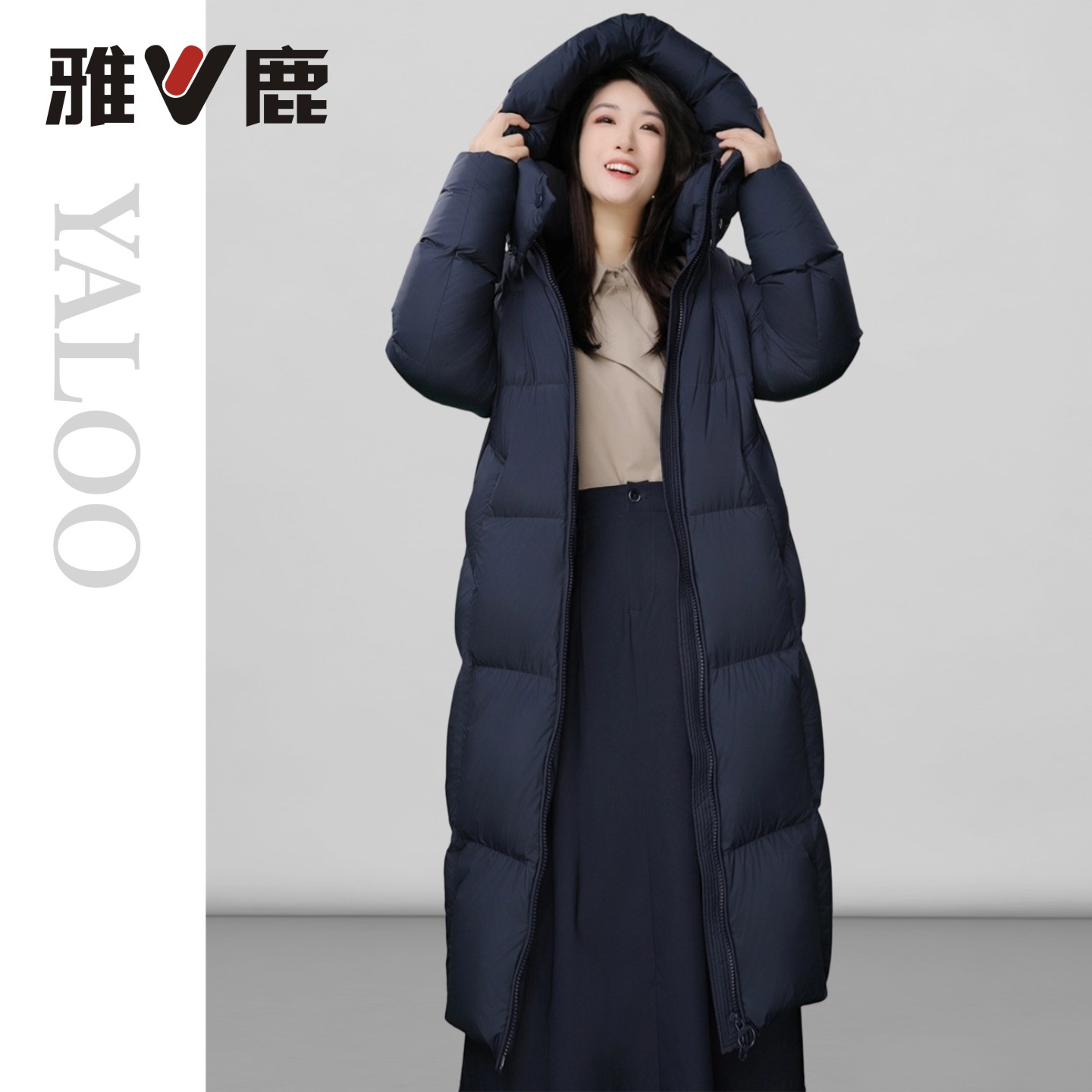 雅鹿90绒白鸭绒羽绒服女士中长藏青加厚款保暖冬季雪乡出游服装女
