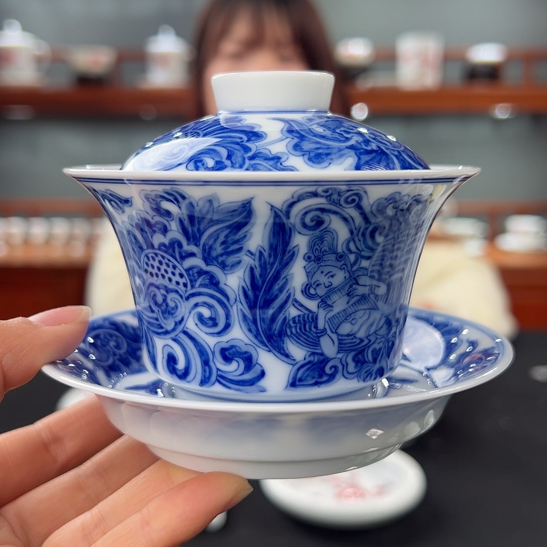 青花敦煌飞天三才盖碗