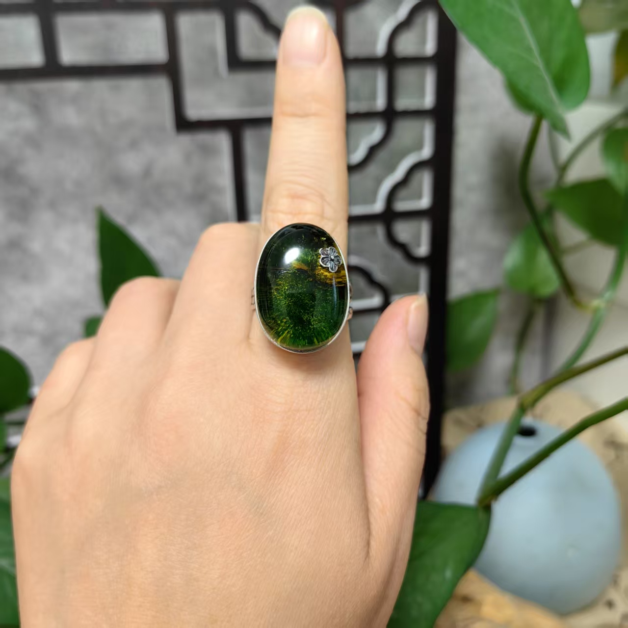 LYliuyng天然琥珀蜜蜡戒指品质独特色系复古手工银镶琥珀绿珀银戒