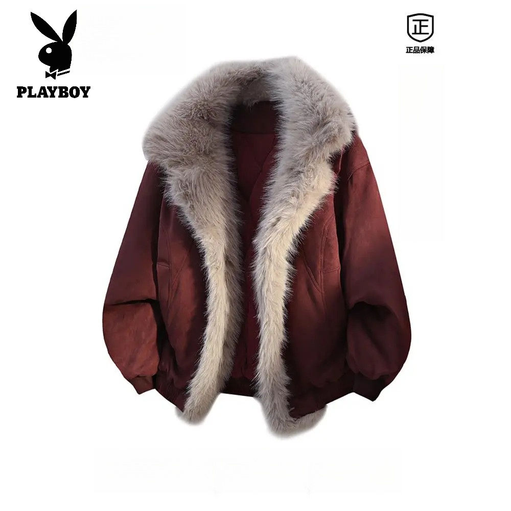 花花公子美式复古座山雕棉服男款秋冬时尚宽松毛领情侣休闲棉衣男