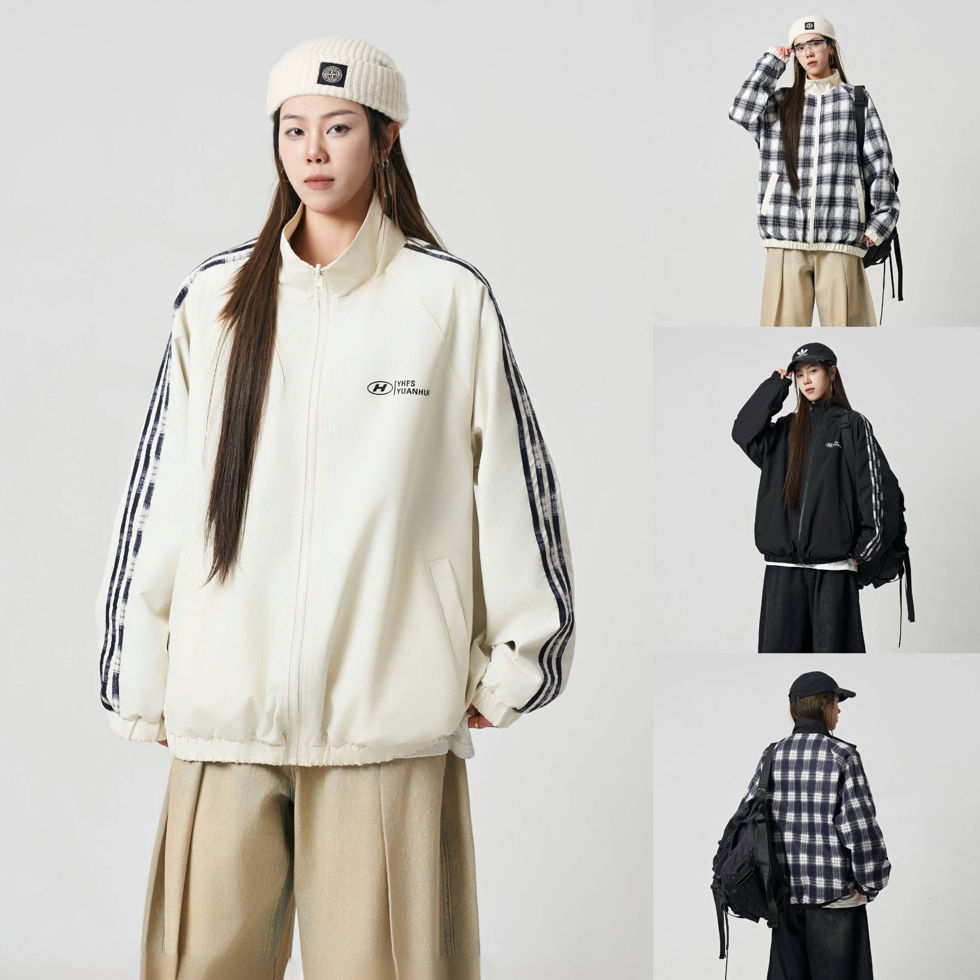 三七-【双面穿】新款格子设计感防水夹克外套男女百搭宽松休闲上衣