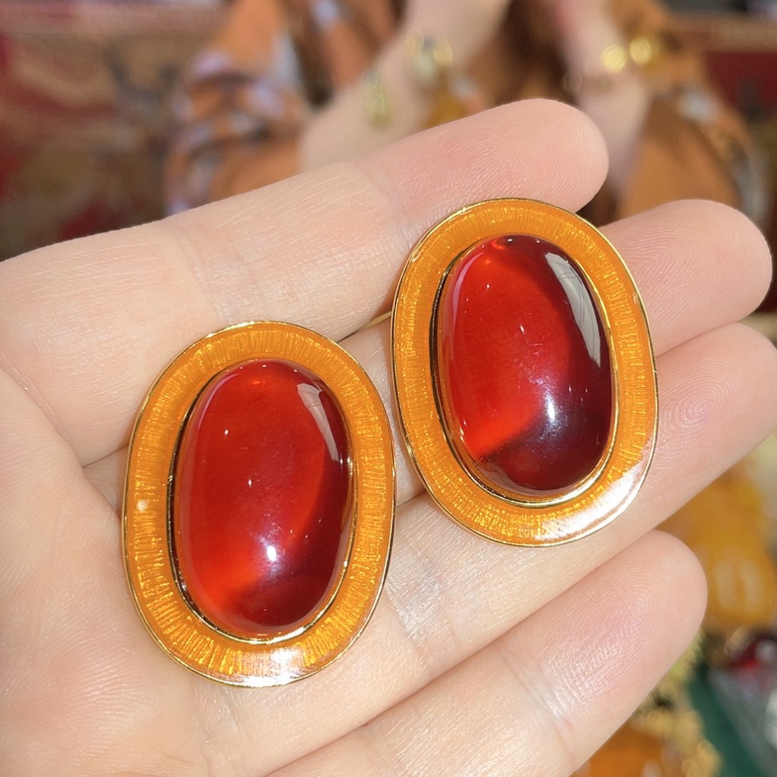 血珀耳钉银S925镀金镶嵌