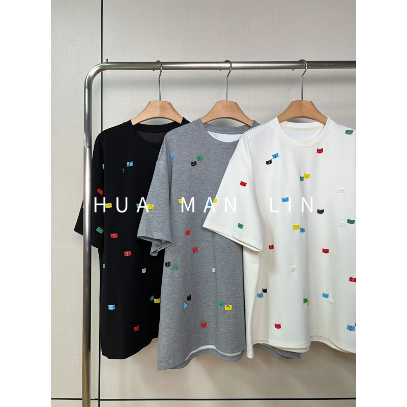 【花满林】三色圆领彩色钉珠短袖上衣18349