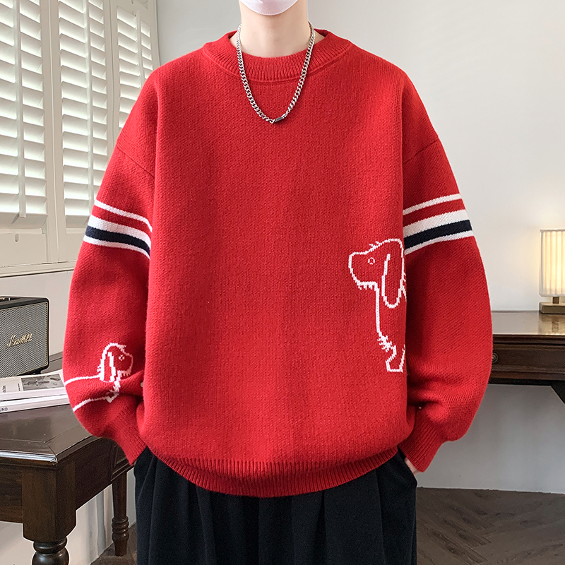 【高品质】秋冬季卡通狗情侣装圆领毛衣新年宽松针织衫男士6611