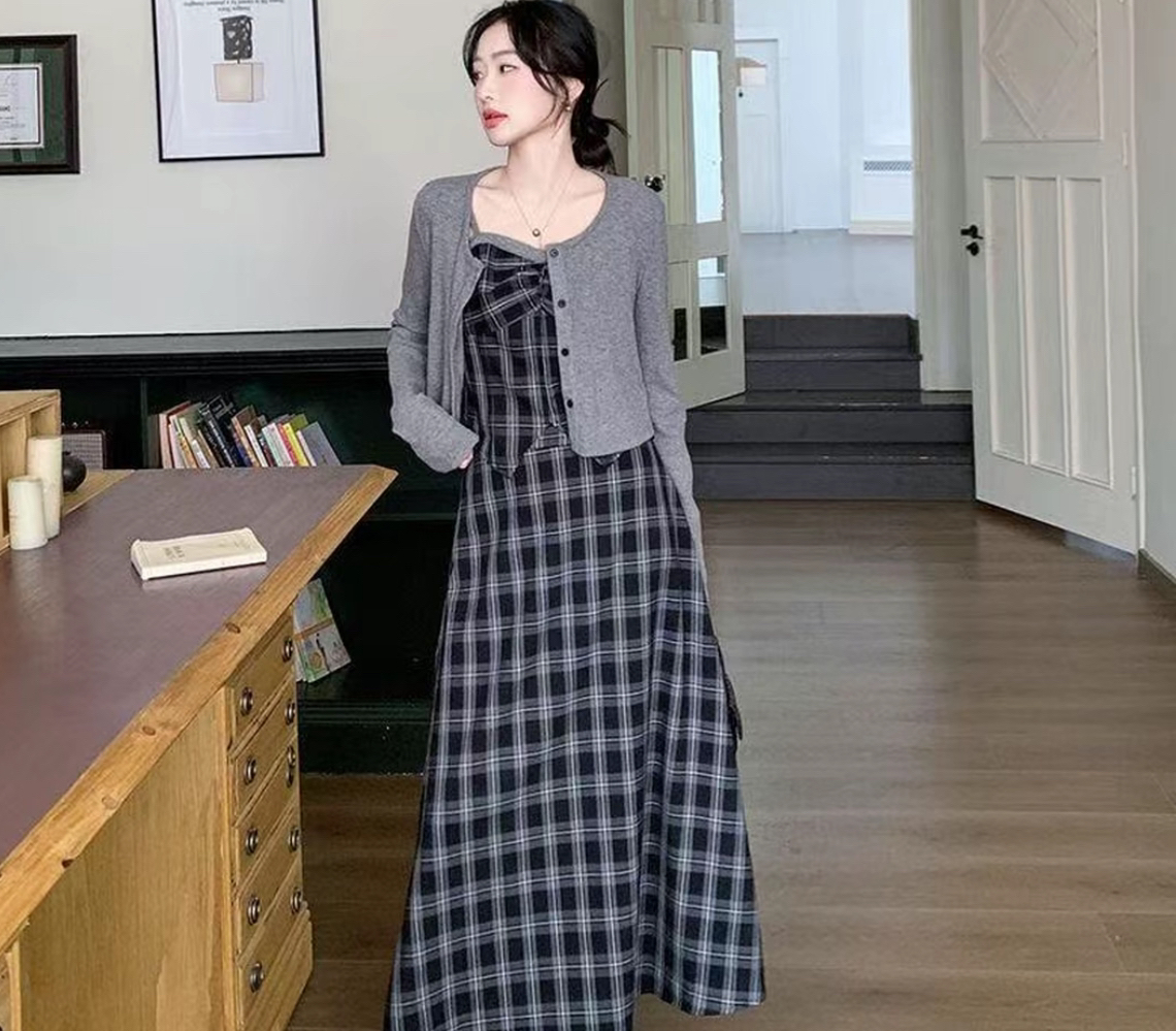 法式复古拼接格子桔梗裙套装裙半身裙三件套2025新款时尚百搭套装