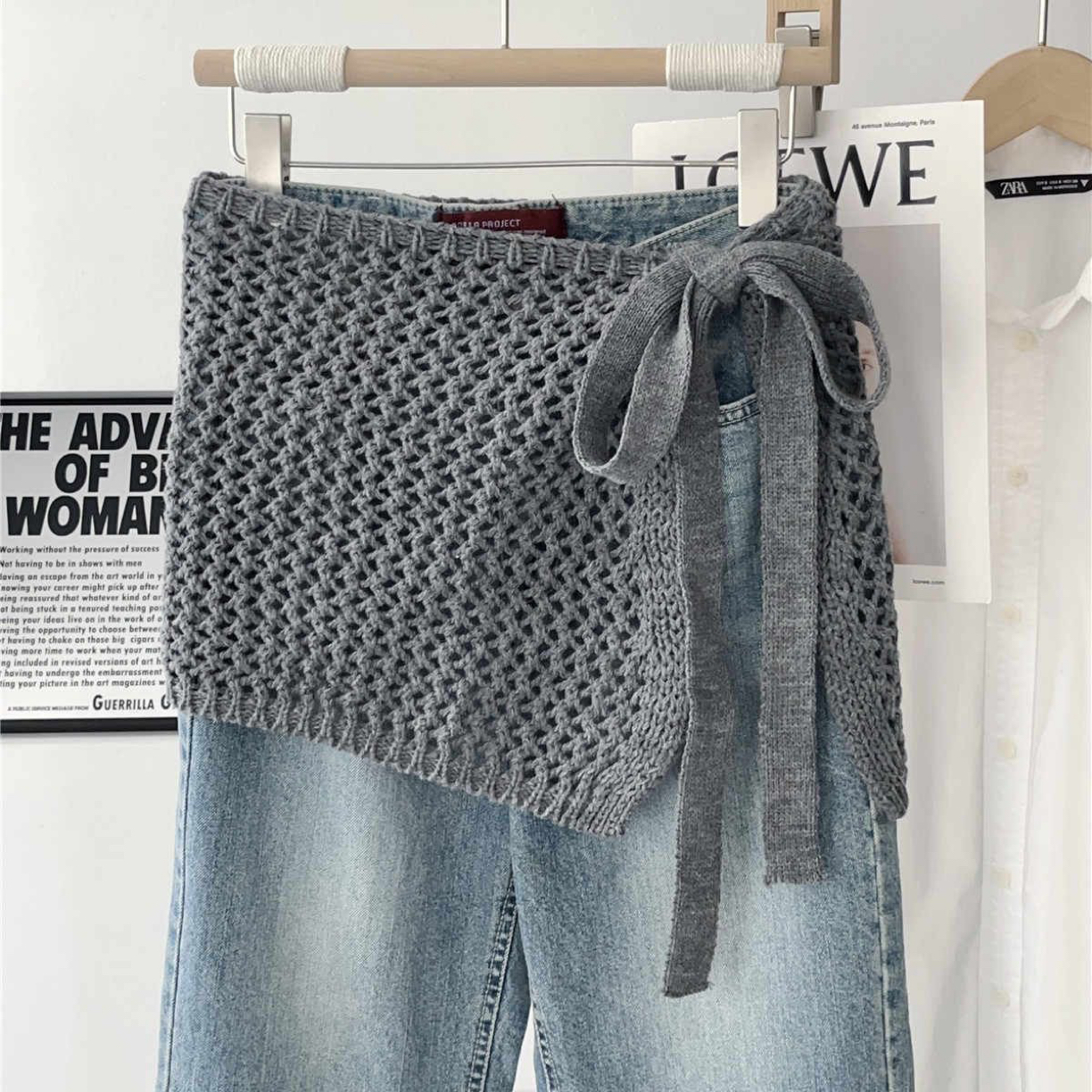 设计感镂空针织绑带屁帘女2025秋季时尚百搭叠穿遮臀显瘦半身裙子