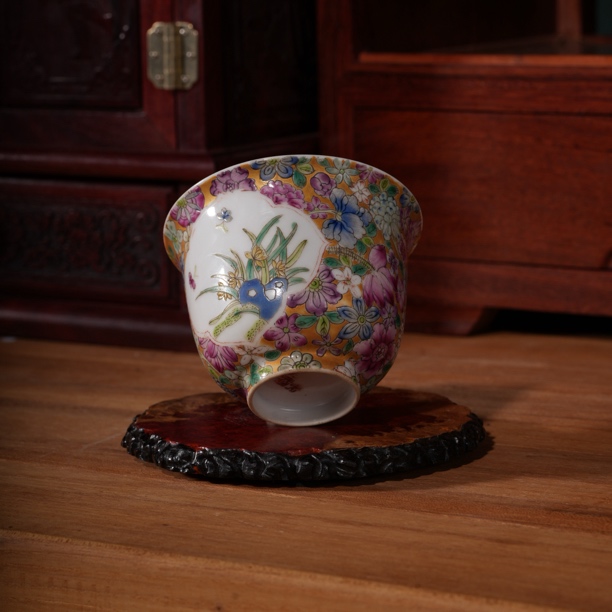 45粉彩杯家用创意陶瓷主人杯珐琅彩描金高档中式蝶恋花