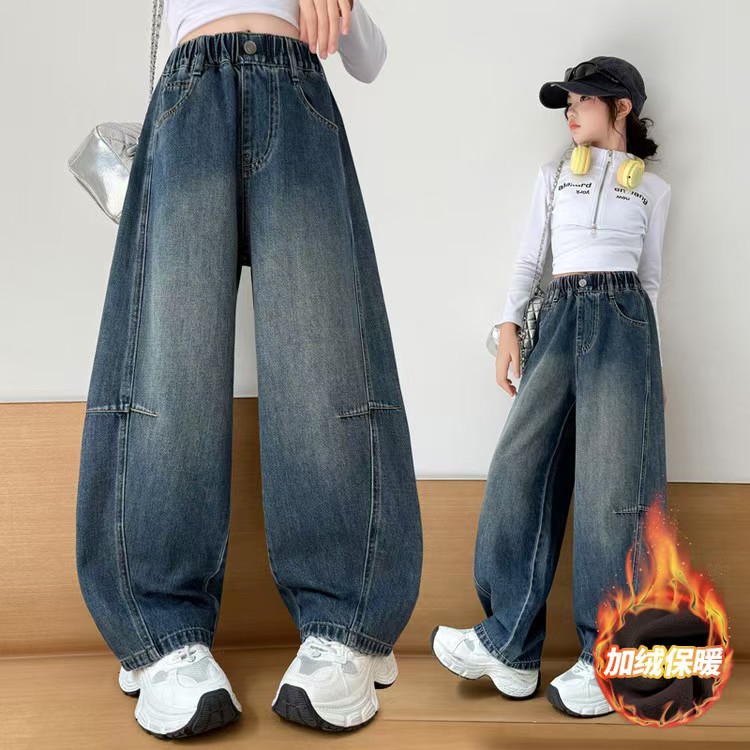 女童弯裤秋2025新款秋冬加绒加厚牛仔裤初中生女孩大童阔腿