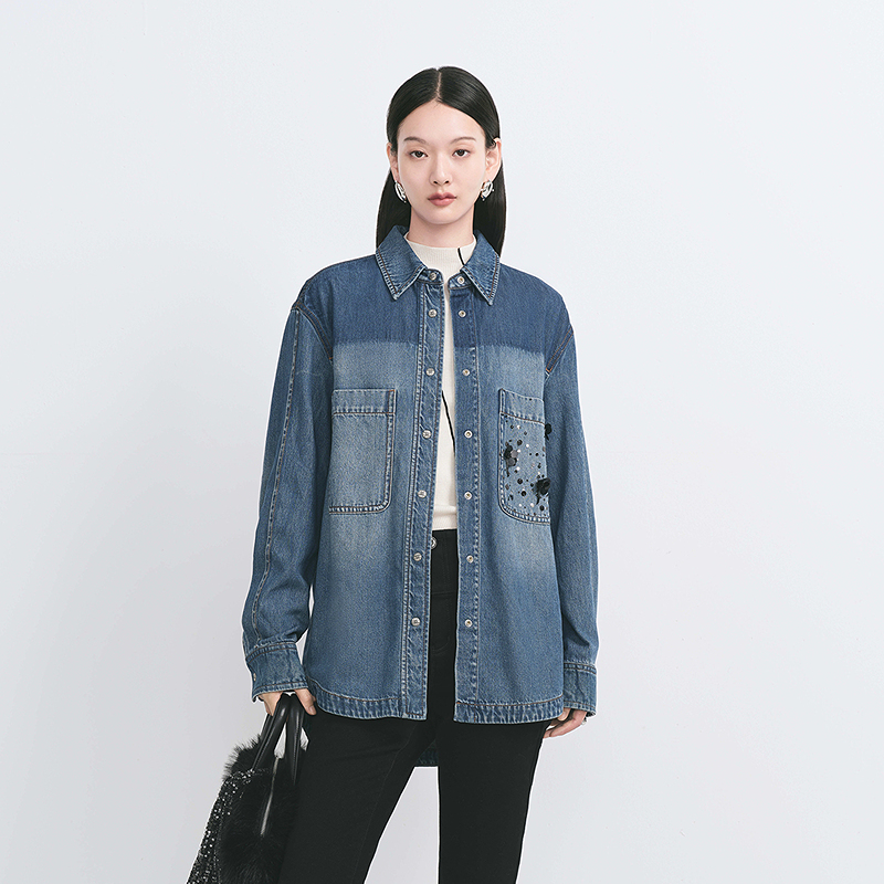 【商场同款】HPLY荷比俪冬女渐变水洗牛仔宽松衬衫上衣HYE42630110