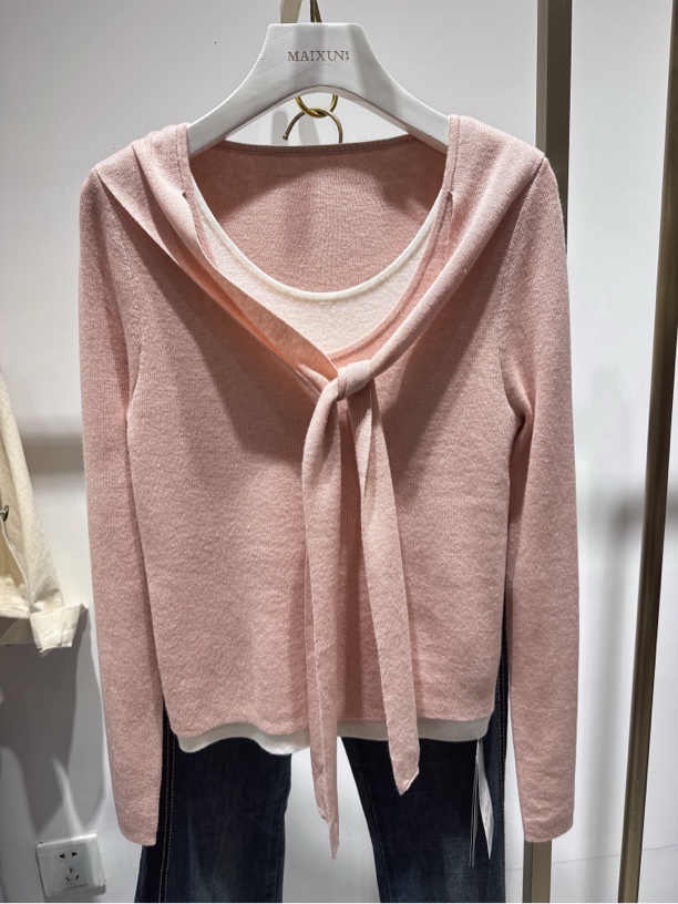 麦寻春季蝴蝶结收腰长袖短款女装针织衫套头