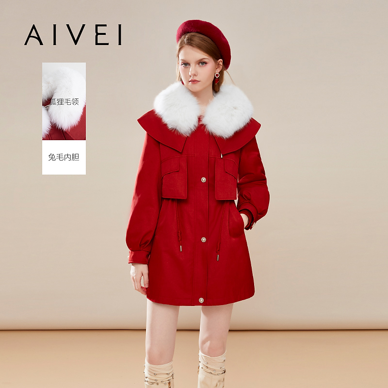 AIVE冬季新款狐狸毛领中长兔毛内胆红色派克服Q0660119