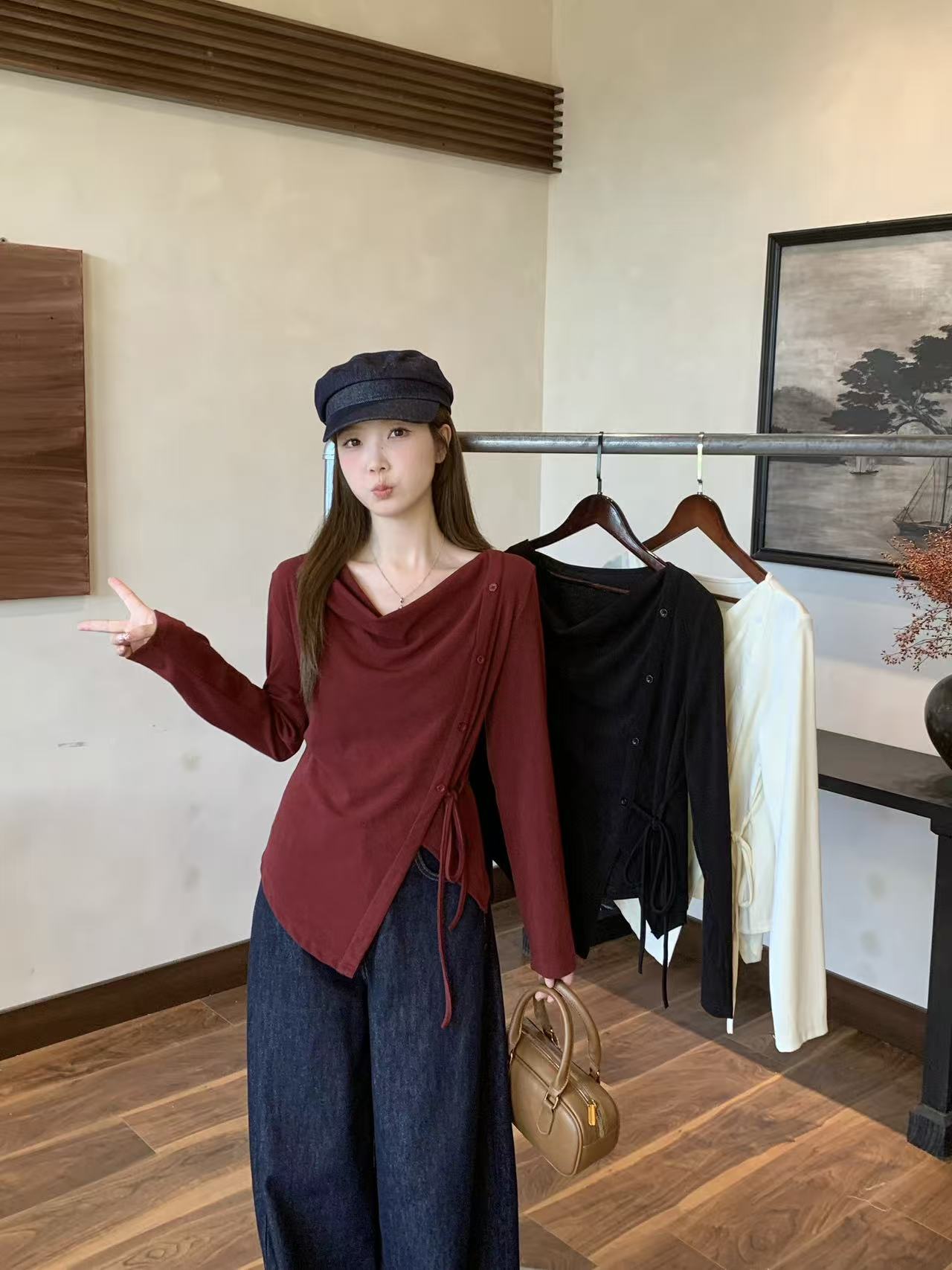 秋季大码女纯色T恤荡领堆堆领宽松型女拼接法式气质通用