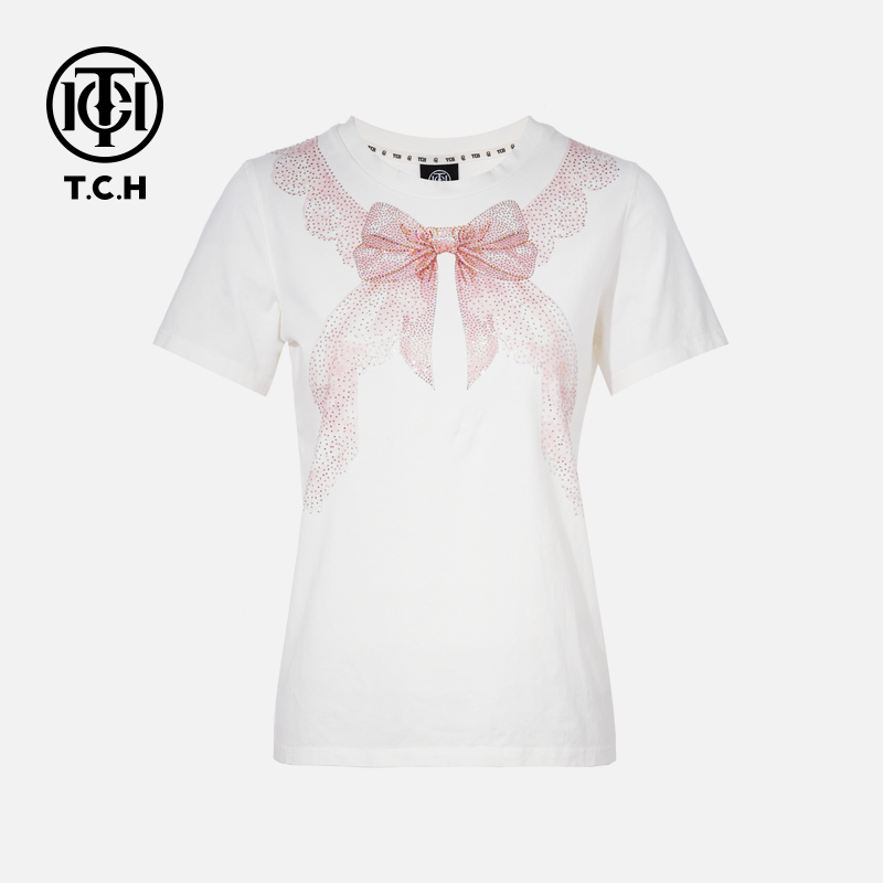 TCH烫钻工艺时尚休闲百搭气质蝴蝶结T恤女T75C10E9010轻奢tch
