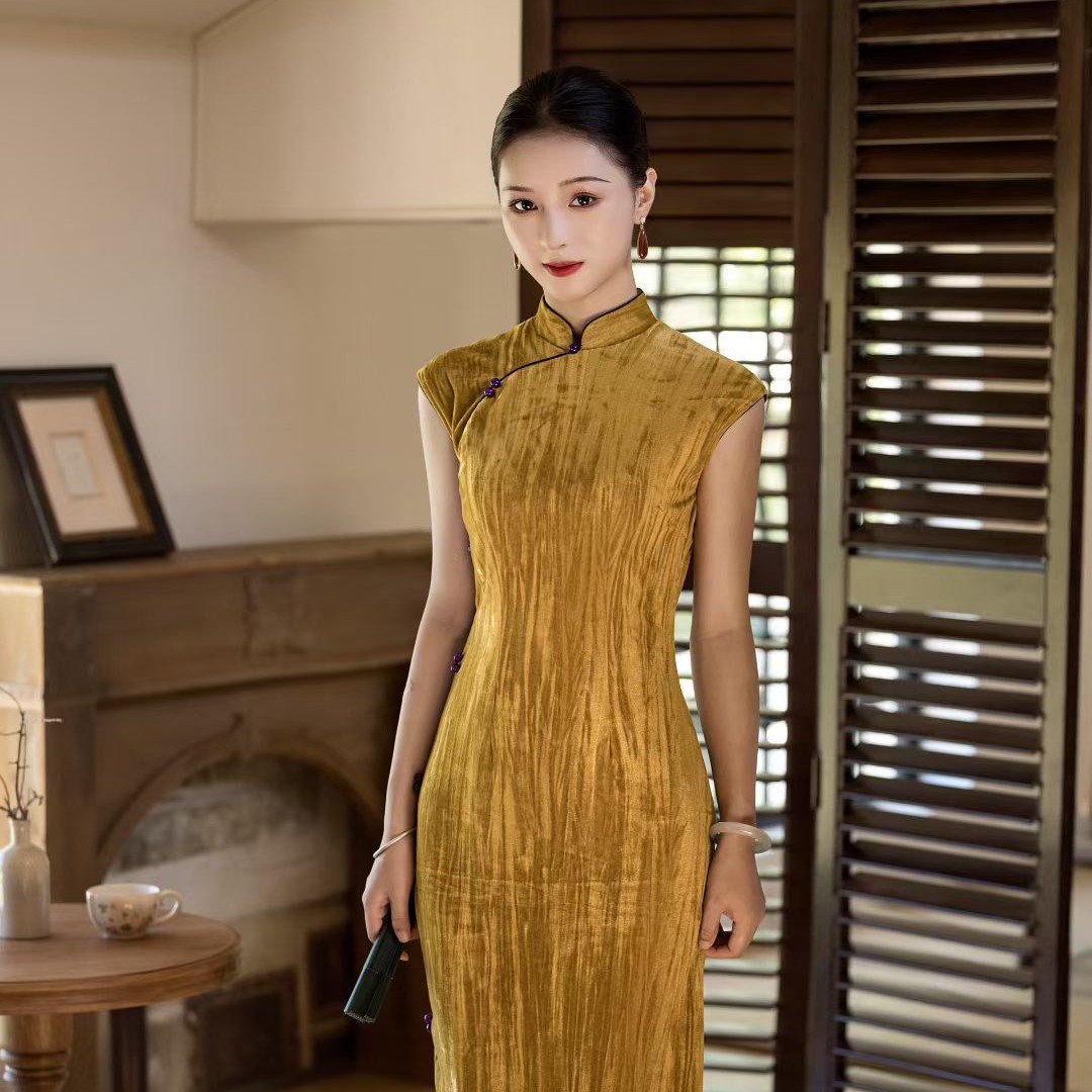 三小姐（金凤玉露）长123+秋款丝绒黄色显白新中式简约高级旗袍