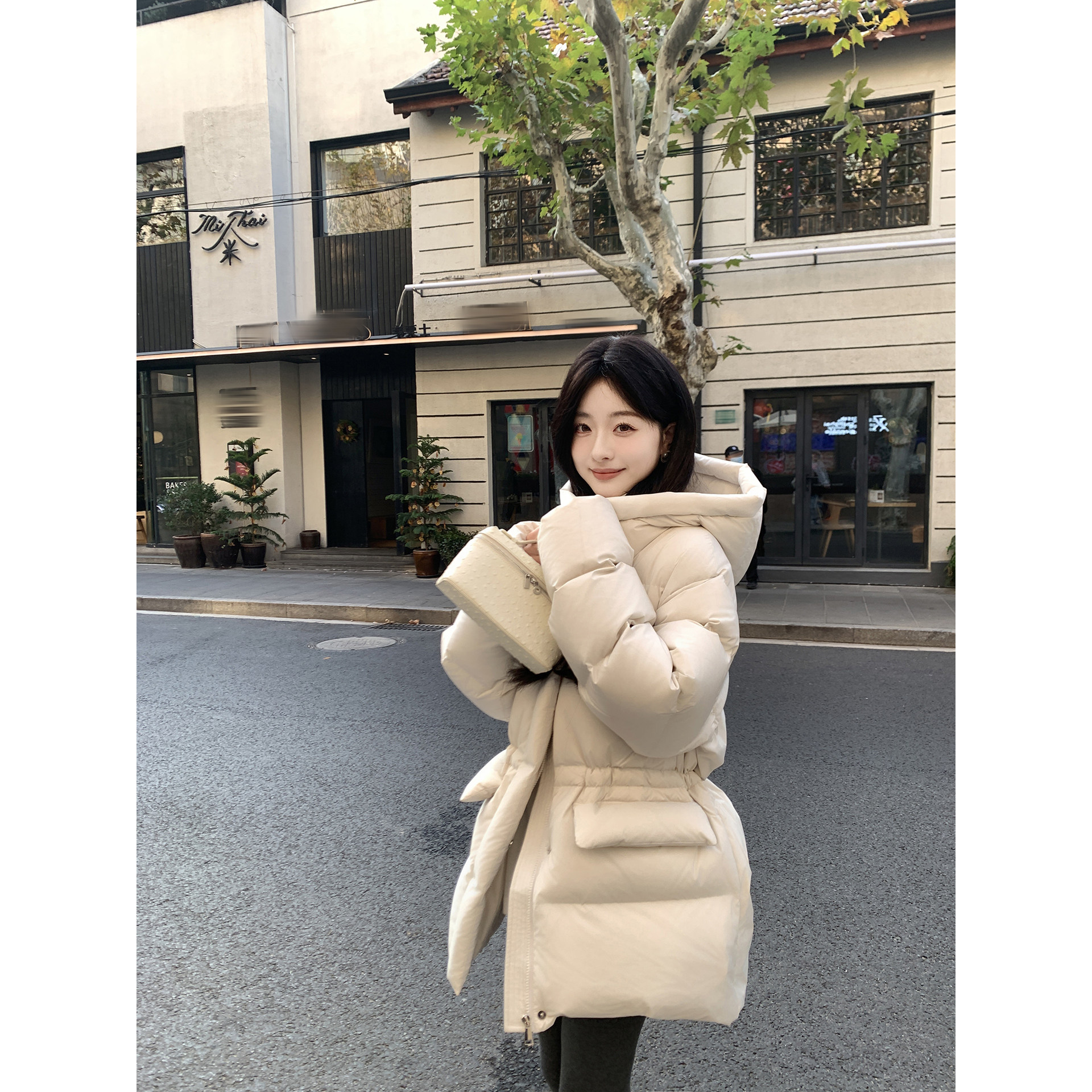 夏诗文 可溯源安心绒90纯白鸭绒连帽宽松高充绒量羽绒服女冬汉服