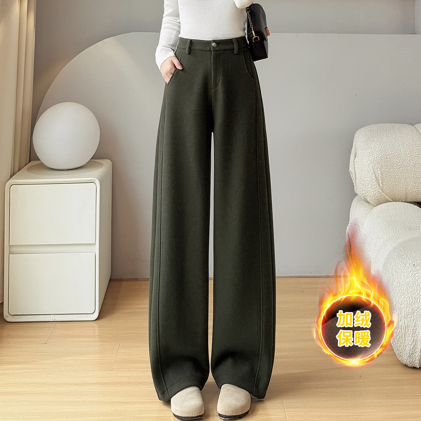羊毛呢阔腿裤女2025新款高腰显瘦垂感糯米弯刀裤女款加绒裤子冬款