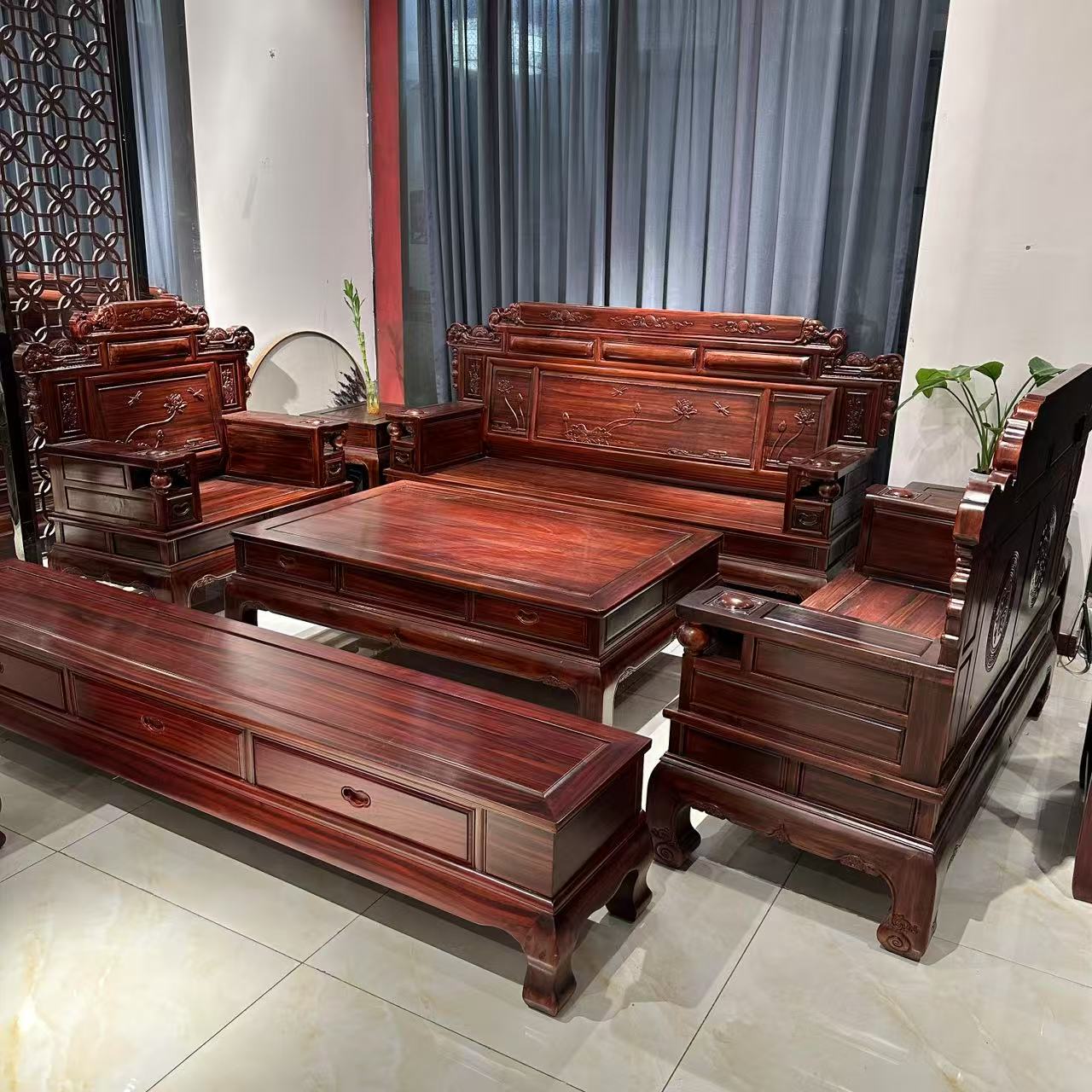 酸枝木荷花财源滚滚沙发六件套客厅家用雕花别墅古典