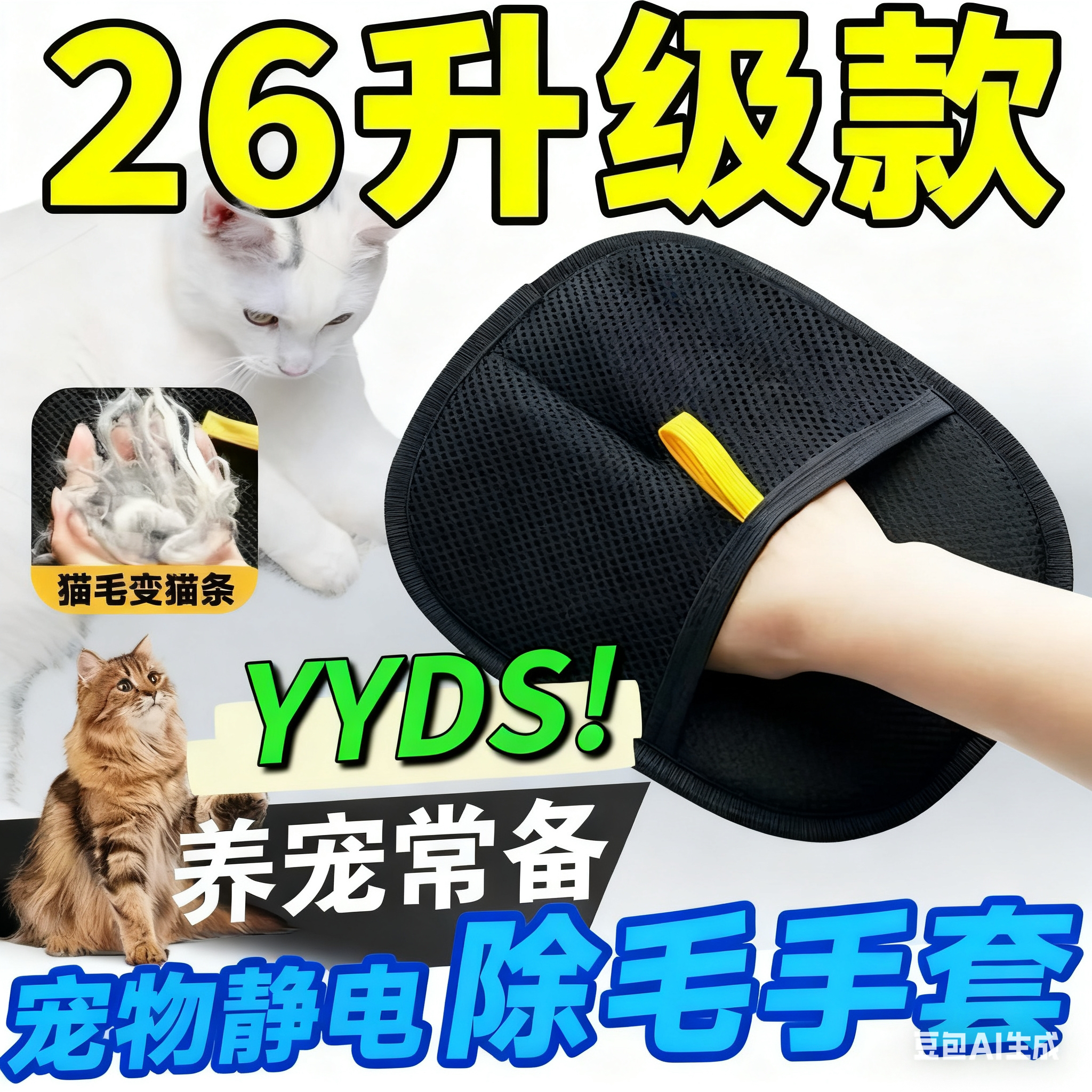 宠物静电除毛手套双向刷毛粘毛除毛神器清洁猫毛手套猫毛清理大号