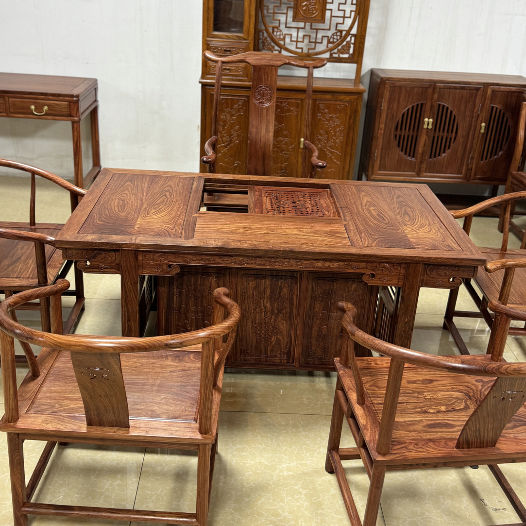 刺猬紫檀将军茶台153@80@70高红木双用茶台一桌五椅圈椅大官帽