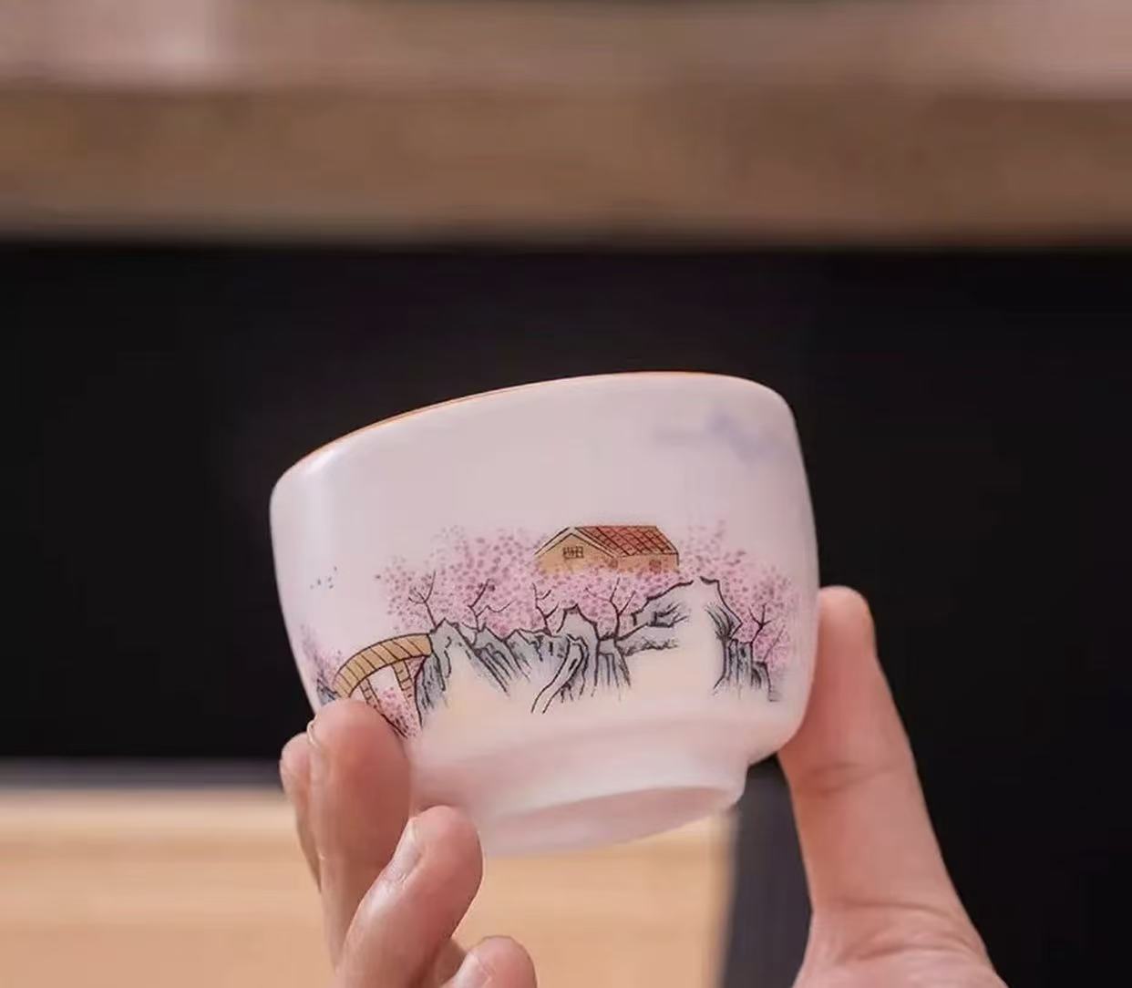 粉汝桃花源图案品茗用主人茶杯 （自带冰裂纹 建议勿拍）