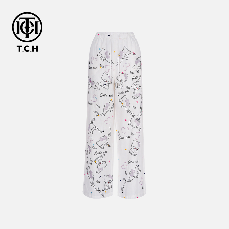 TCH-时尚潮牌可爱小猫烫钻爱心刺绣白色长裤T75B20E1013
