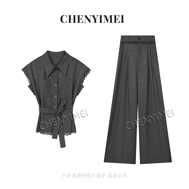 CYM1813拼接蕾丝上衣休闲阔腿裤两件套收腰显瘦套装