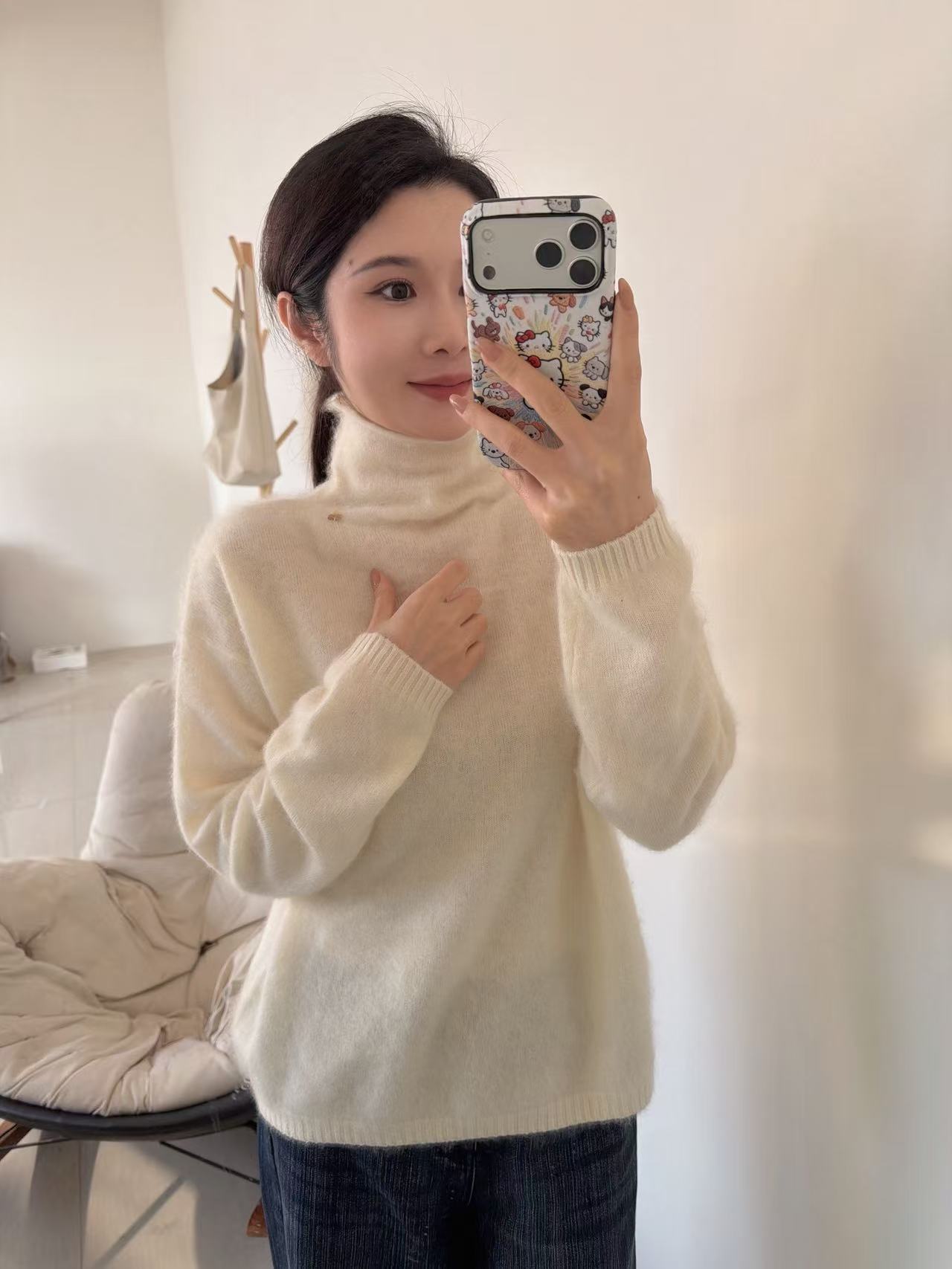 【雍绒】山羊绒拉绒长袖毛衣纯色针织加厚堆堆领衫修身型8818