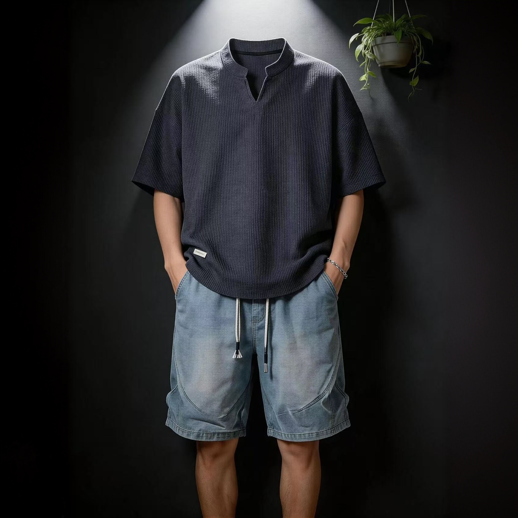 JEEPSPIRIT吉普潮牌夏季大码男士透气V领短袖短裤宽松休闲套装