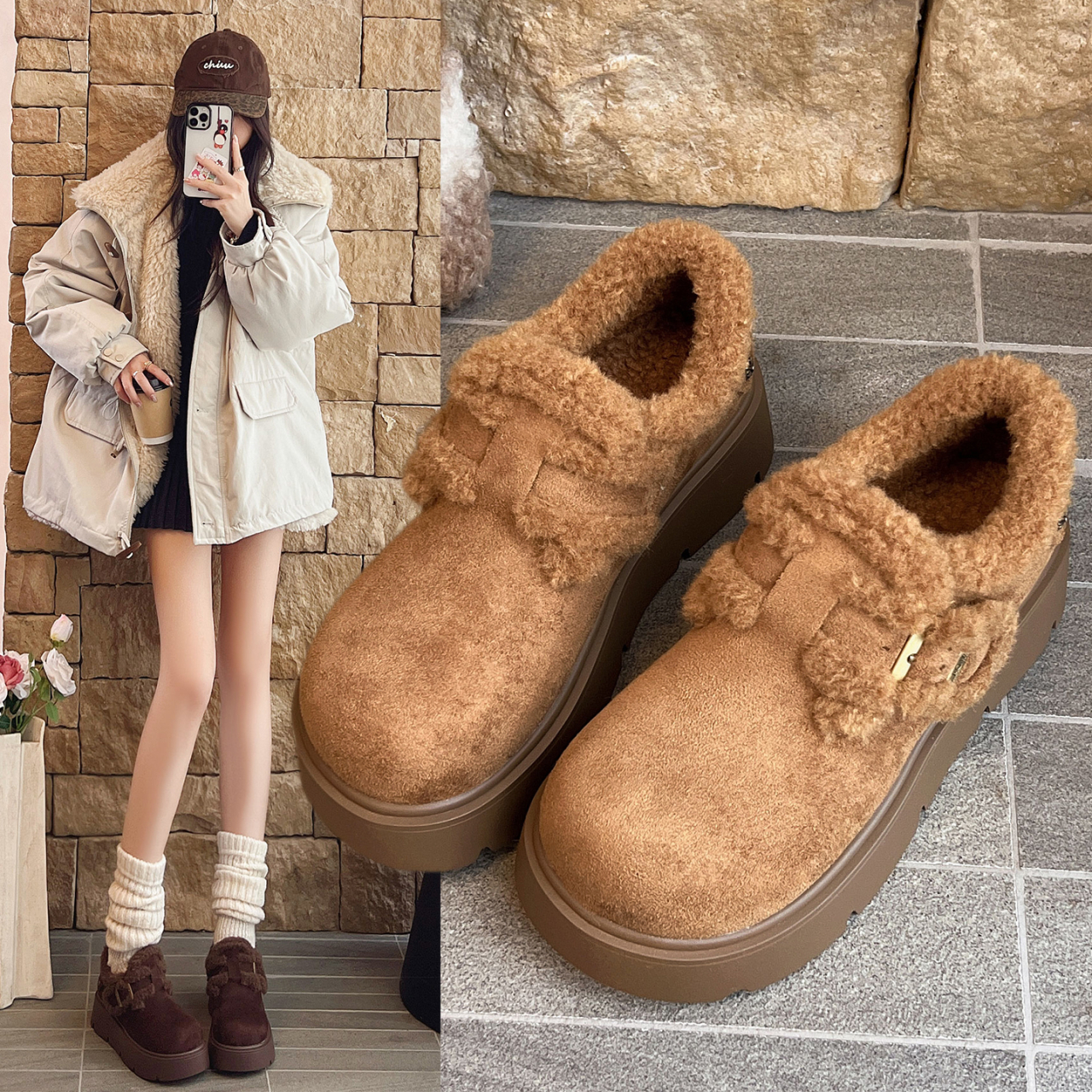 厚底增高保暖勃肯鞋女2025新款秋冬加绒加厚雪地靴外穿乐福棉鞋子