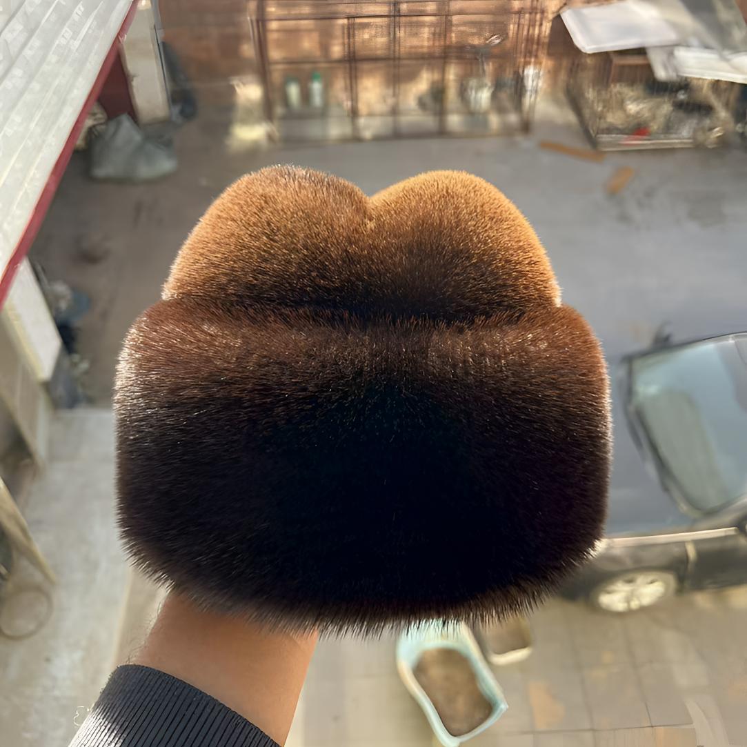 进口獭毛皮草男帽中老年男式法式护耳帽地主帽中老年獭毛帽冬季