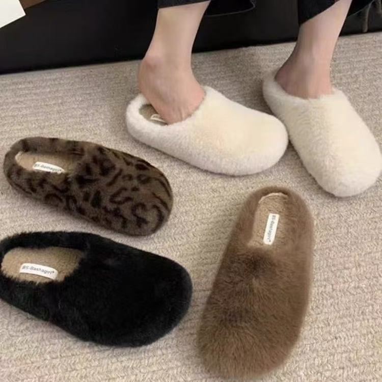 毛毛鞋女秋冬外穿新款网红豹纹勃肯毛毛拖厚底包头增高棉拖鞋气质