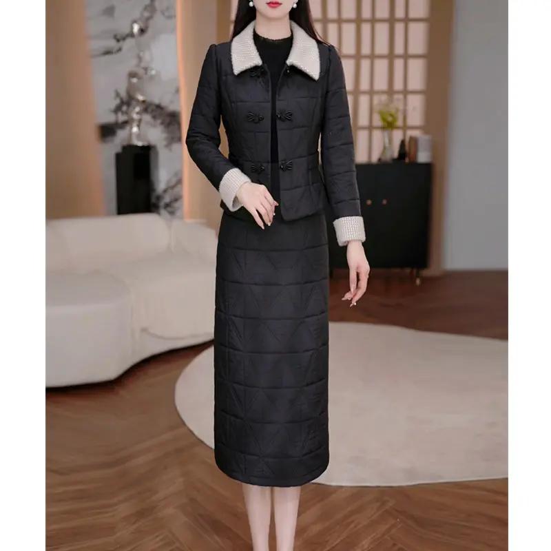 新款夹棉气质保暖两件套温柔时尚妈妈装连衣裙