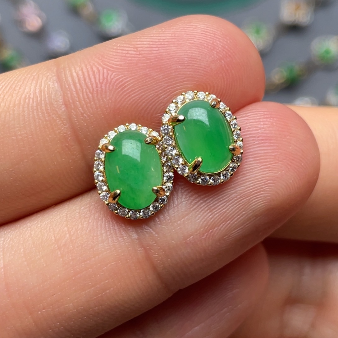 厘***米翡翠银S925镶嵌耳饰纯天然缅甸翡翠A货