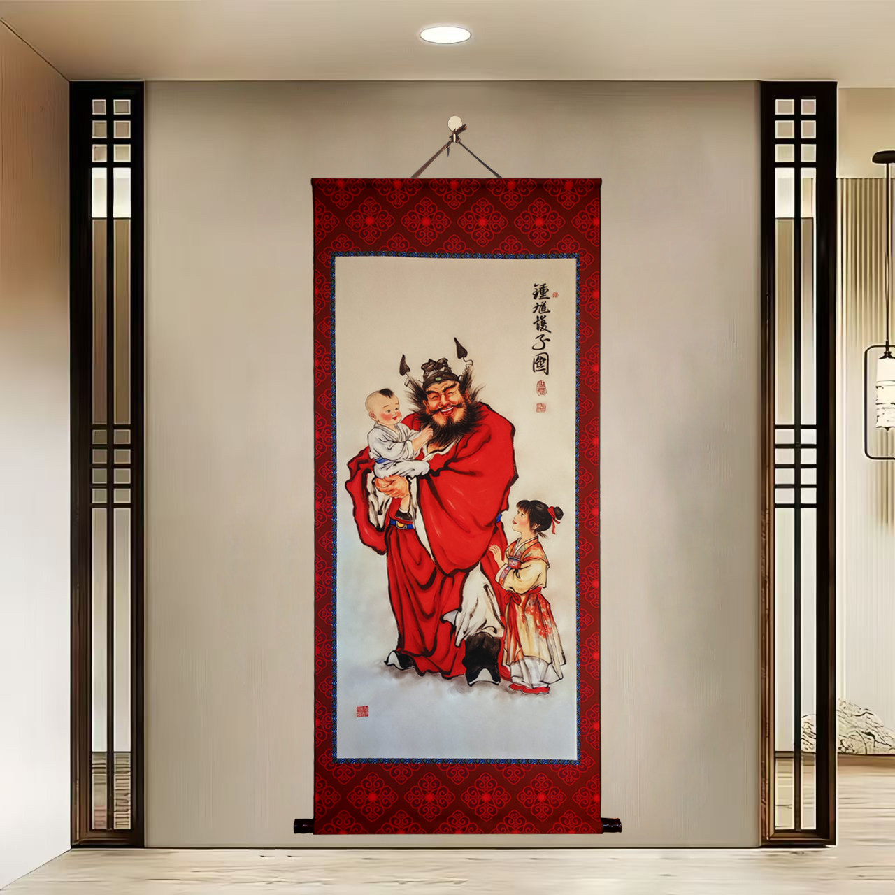 【Z828 钟馗护子】60x140cm现代简约挂轴装饰画办公室家居装饰画