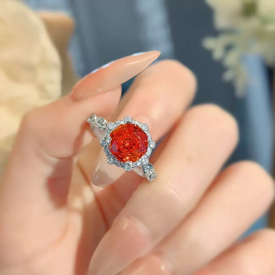 铜合金锆石戒指 璀璨姐妹八角千禧玫瑰切中国红jz项链BJ045