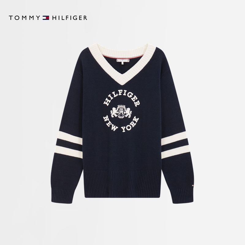Tommy秋冬女装美式复古学院风徽章刺绣撞色V领针织衫毛衣03224