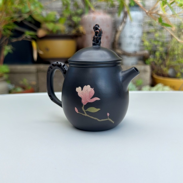 【陶点茶】建水紫陶太湖石壶钮刻填花镂空壶把重工球孔紫陶壶