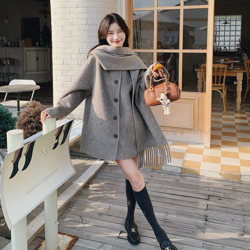 韩系高级感短款双面羊绒大衣女2024冬新款小个子气质斗篷毛呢外套