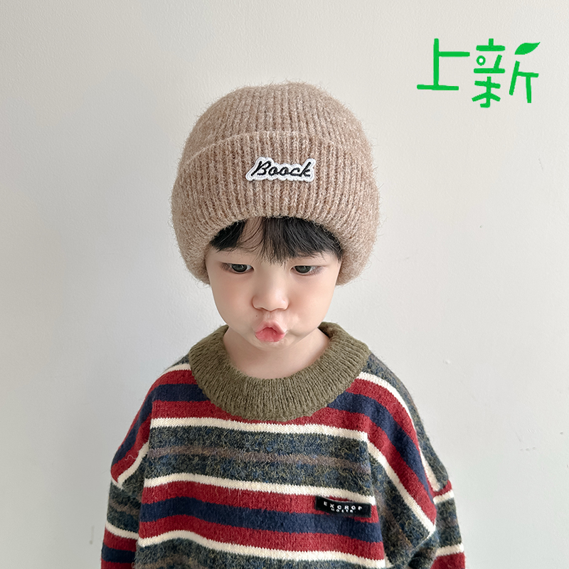 儿童毛线帽韩版字母针织帽男童洋气休闲翻边护耳针织帽女童保暖帽
