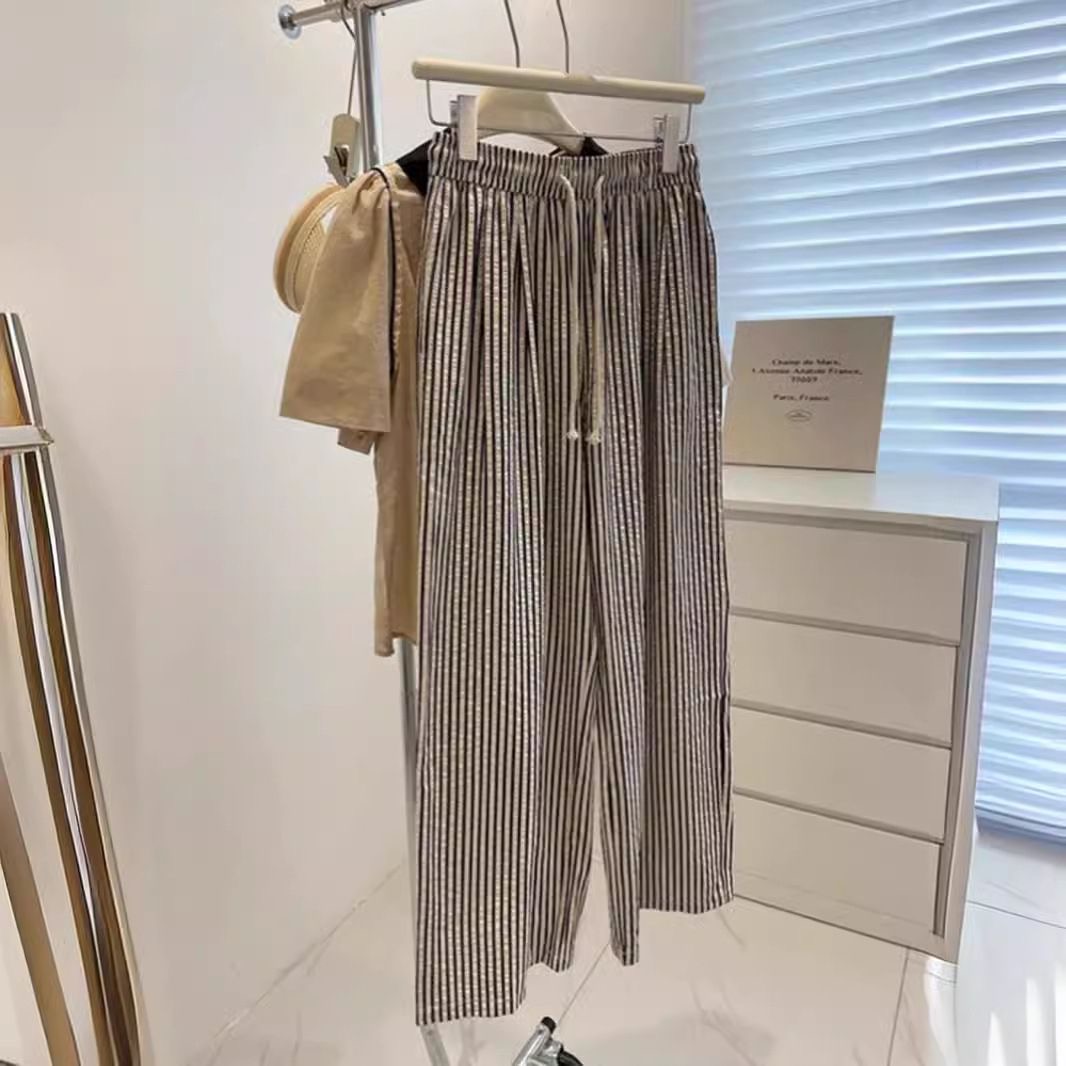 冰丝条纹裤女夏季薄款新款显瘦小脚裤子垂感休闲风哈伦裤百搭