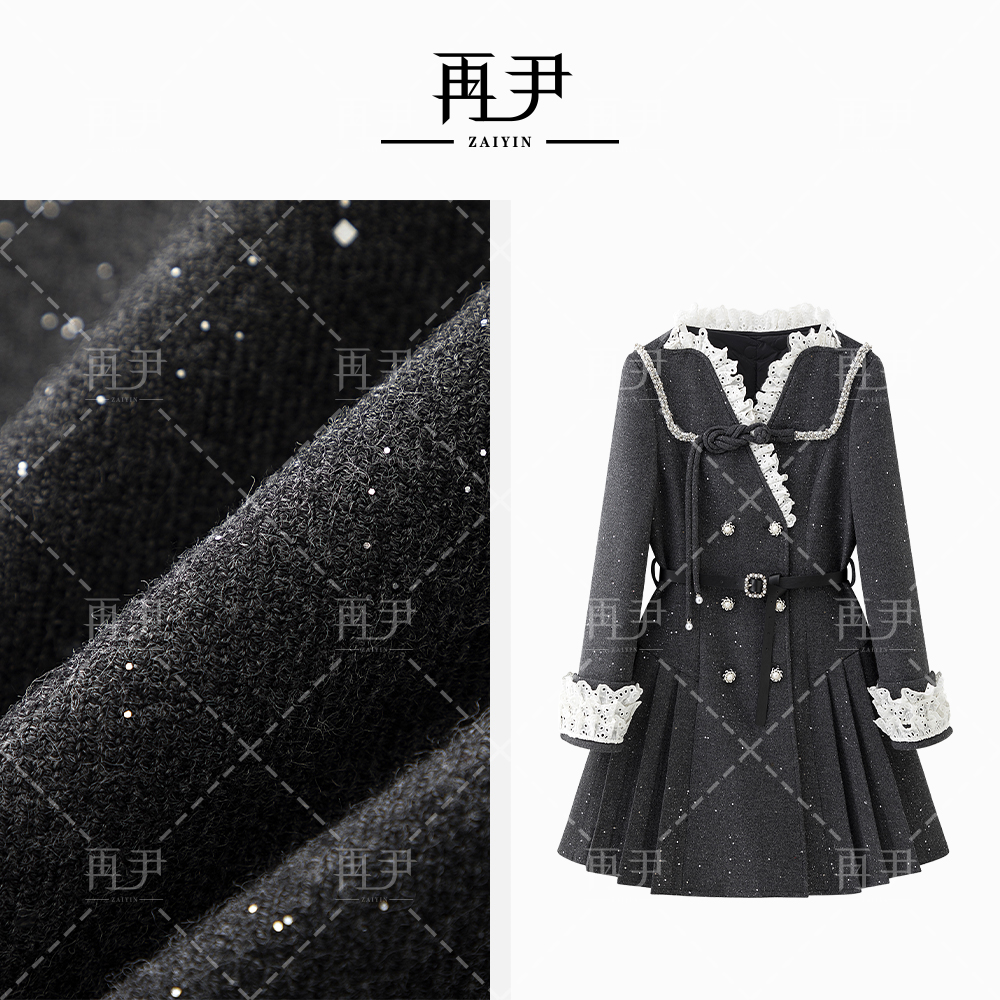 【银河】灰色收腰毛呢中长款灰色时尚显瘦气质连衣裙G24DT071084