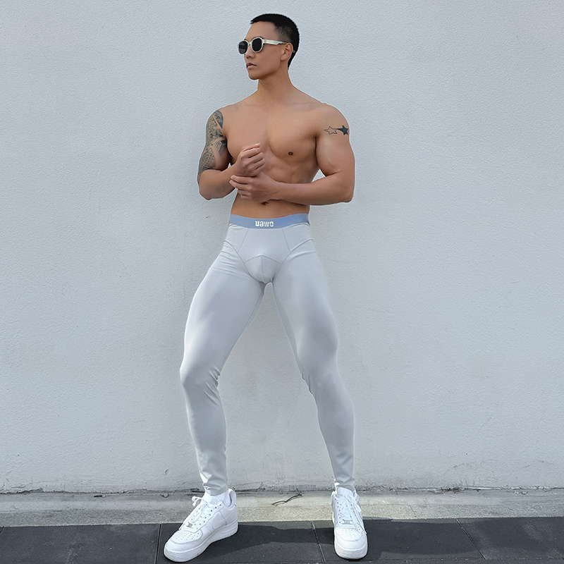 uawo秋冬季男士棉毛打底裤撞色腰薄款休闲运动弹力修身保暖九分裤