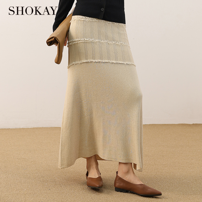 SHOKAY慵懒轻熟茶系软糯流苏款针织半裙|牦牛绒棉混纺