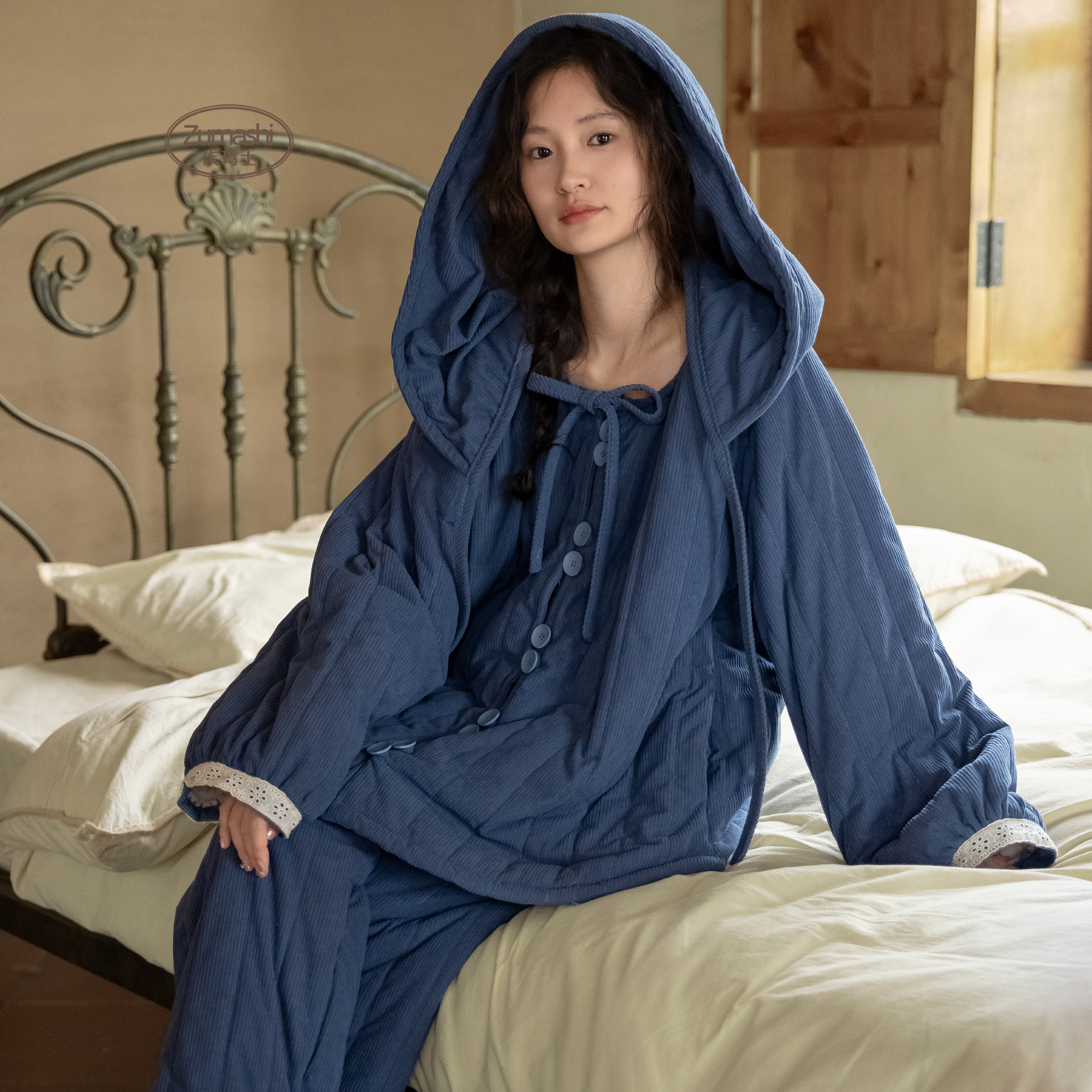 族玛士睡衣女冬季2025新款三层夹棉复古家居服加厚保暖灯芯绒套装