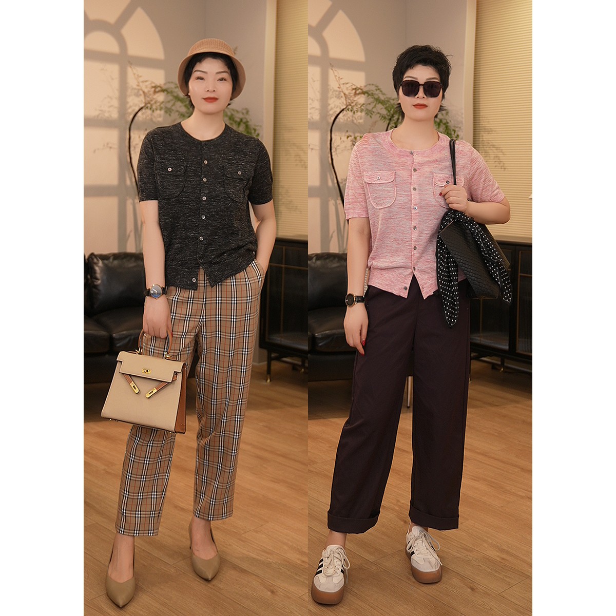 【珍姐】气质小香 轻盈透气48支缎彩亚麻纱短袖圆领针织开衫DC5687