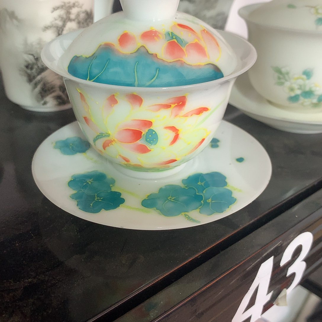 冰种素烧手绘三才盖碗