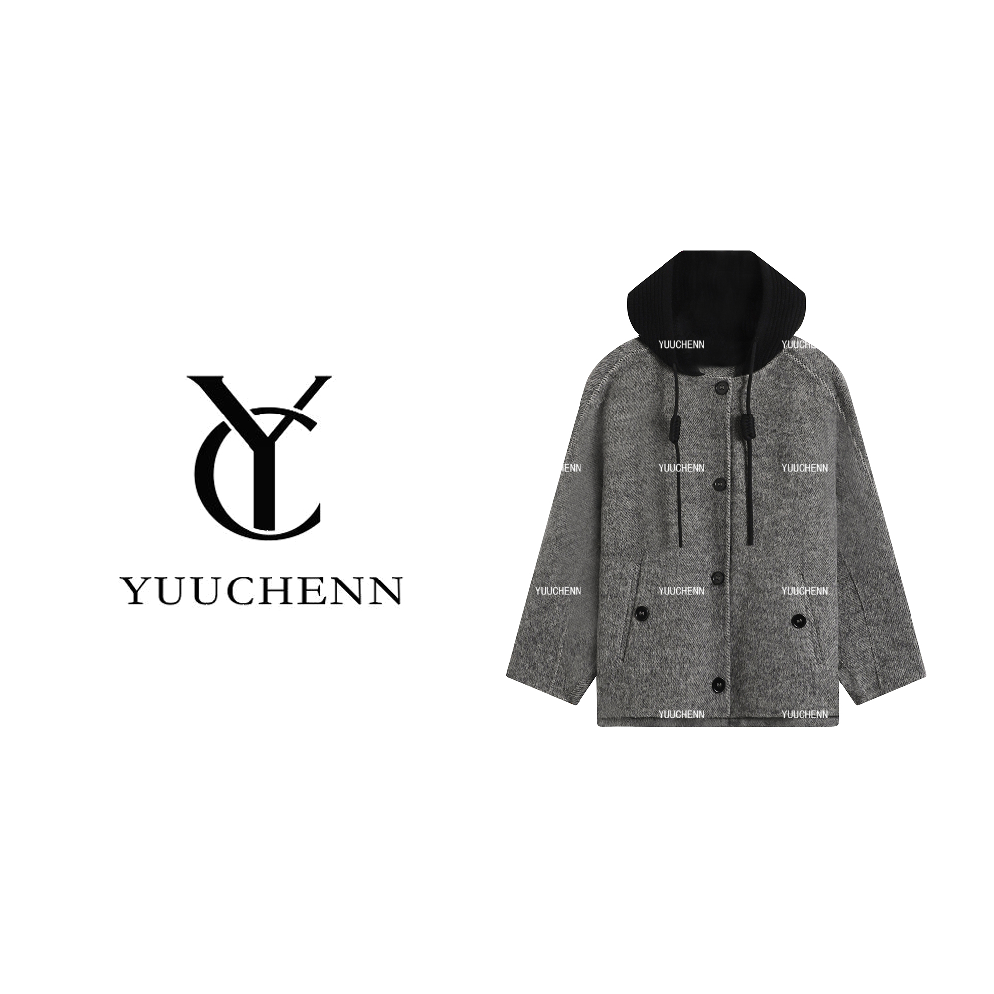 YUUCHENN拼接羊驼毛连帽毛呢外套女时尚黑色上衣23C30145