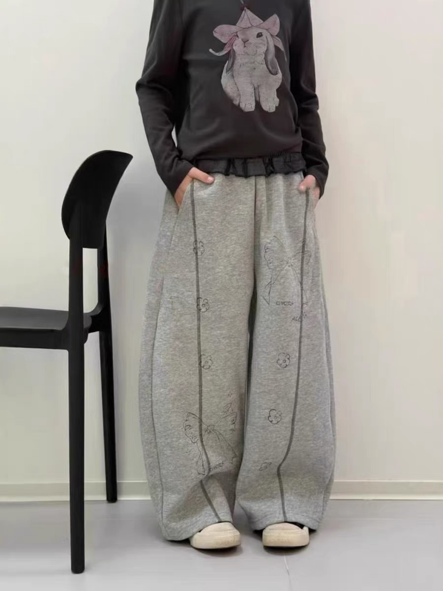 【加绒长裤】女童加绒弯刀裤休闲裤宽松时尚灰色阔腿裤加厚长裤