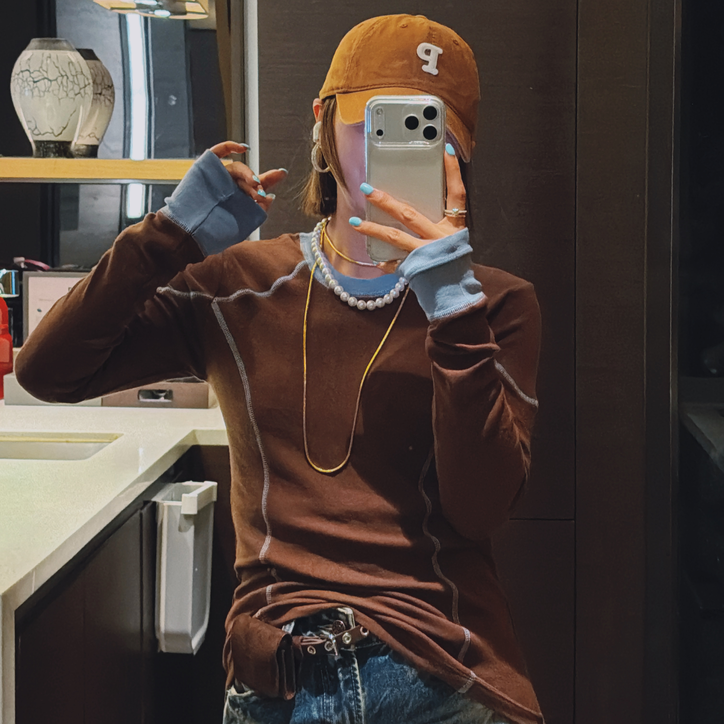 2025欧货冬季新款明线拼接款高弹显瘦撞色长袖打底T恤