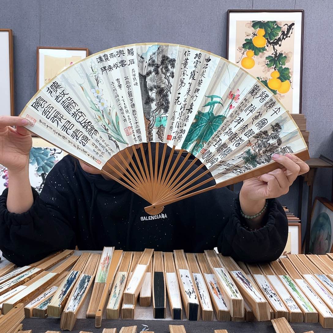 国画95寸老玉竹-纯手绘-文玩扇骨（默认粘好）